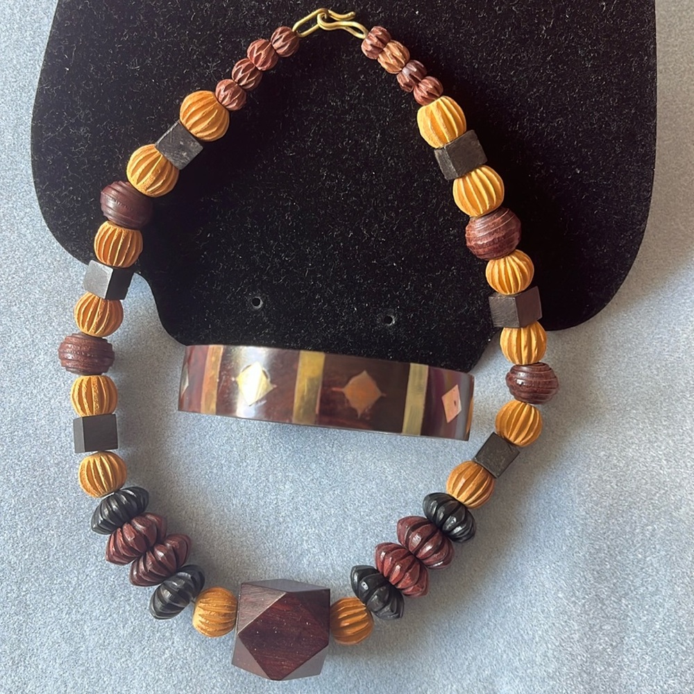 2 for $14.00 wood choker necklace and wood bracelet with brass and copper inlay